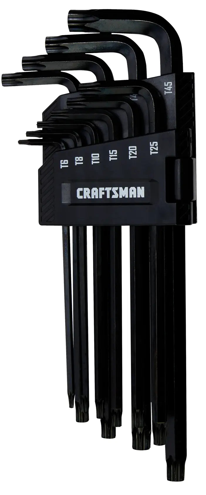 Photo of Craftsman CMHT26031 Torx key set, black metal L-shaped wrenches with size markings and holder, front angle.