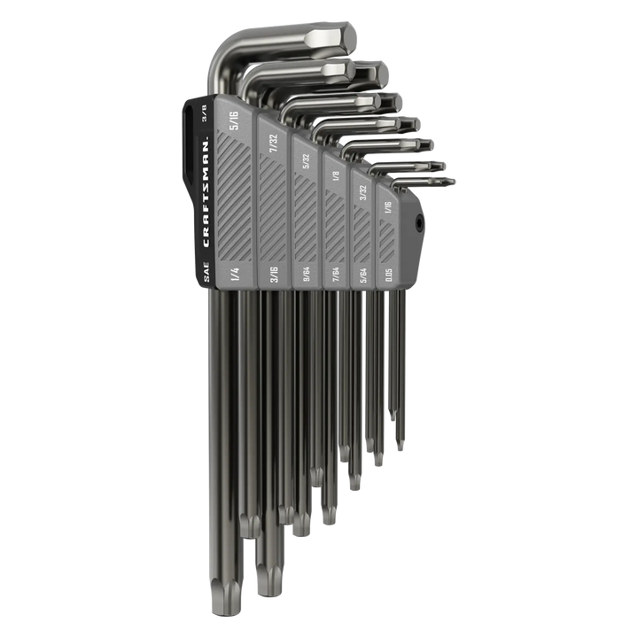 A set of nine metal hex keys or Allen wrenches arranged in a gray plastic holder, each labeled with its size. The wrenches are organized by size, with the largest on the left and the smallest on the right.