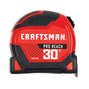 CRAFTSMAN Pro Reach 30-foot tape measure in red and black casing, SKU CMHT37570S.