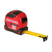 CRAFTSMAN 30 ft tape measure with red and black casing and yellow measuring tape extended.