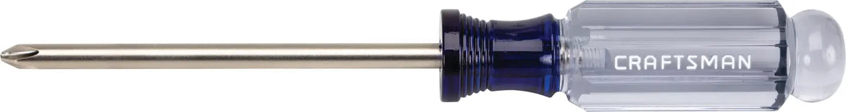 Craftsman CMHT65004 Phillips screwdriver with clear and blue handle, side view on white background.