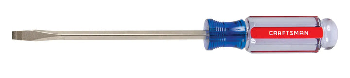 Photo of Craftsman CMHT65015 flathead screwdriver with clear blue and red handle, side view on white background.