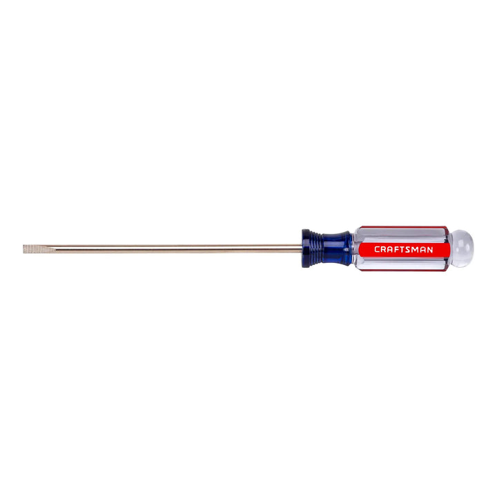 Craftsman CMHT65024 flathead screwdriver with clear and red handle, side view on white background.