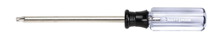 Photo of Craftsman CMHT65038 Phillips screwdriver with a clear handle and long metal shaft, side angle, white background.