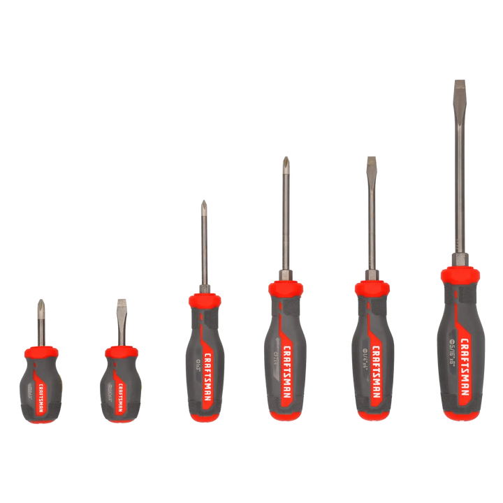 A set of six Craftsman screwdrivers with gray and red handles, including three flathead and three Phillips head screwdrivers, arranged in order of increasing size from left to right.