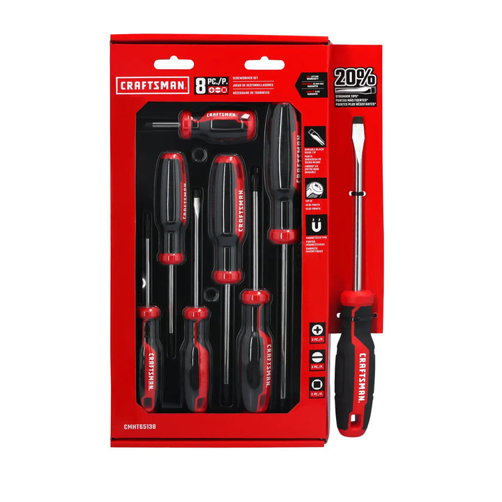 Photo of Craftsman screwdriver set CMHT65138 with eight black and red screwdrivers, front angle, white background.