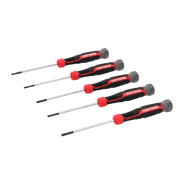 Craftsman precision screwdriver set CMHT65141, five black and red tools, side angle, white background.