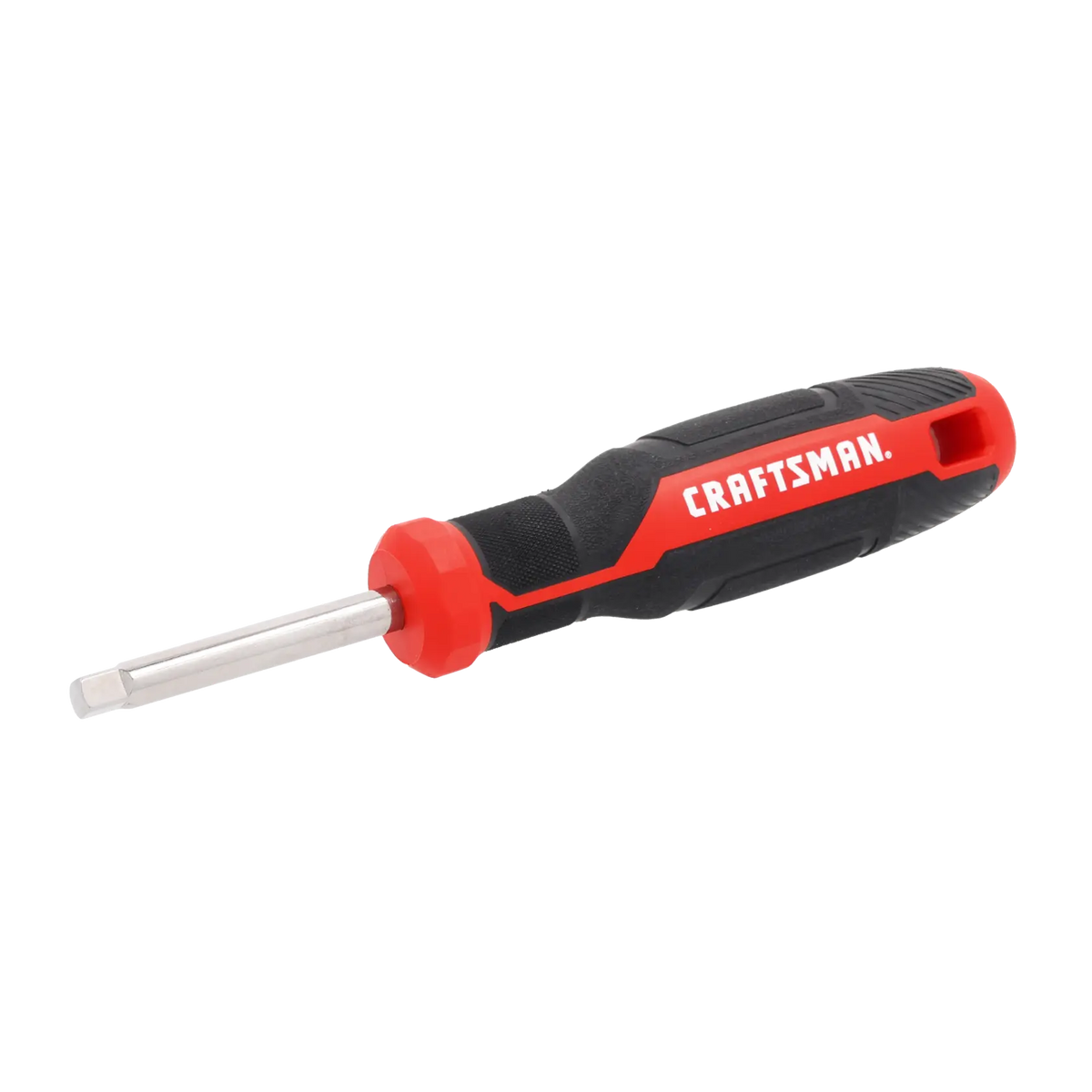Photo of Craftsman screwdriver CMHT65142, black and red handle, slotted shaft, angled on white background.