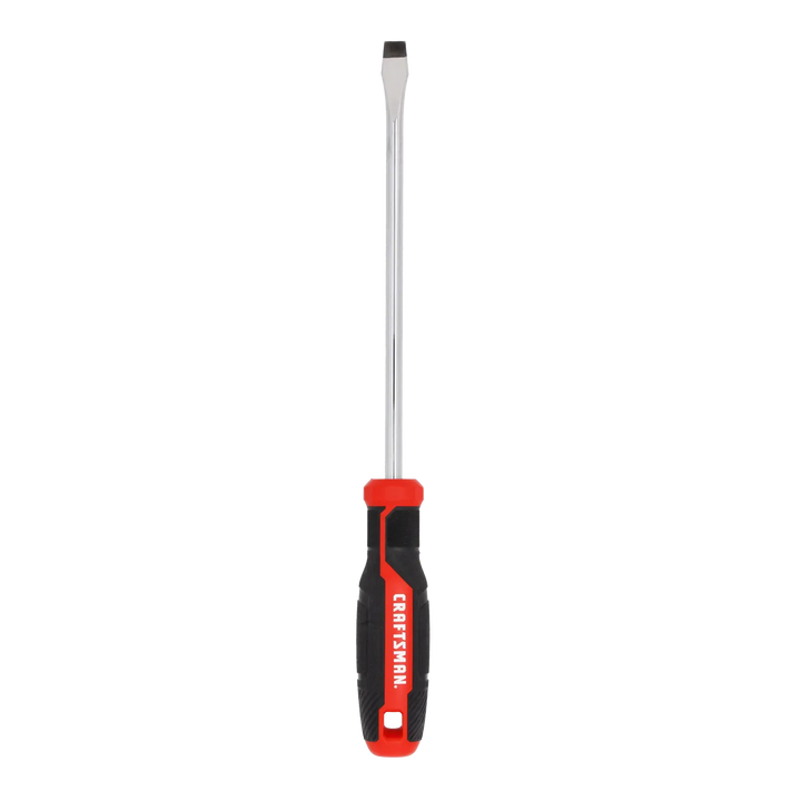 Photo of Craftsman flat head screwdriver CMHT65166, red and black handle, front angle, white background.