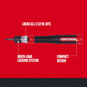 Photo of Craftsman precision screwdriver CMHT68004, black and red handle, quick-load locking system, side angle on white background.