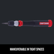 Craftsman ratcheting screwdriver CMHT68004, side angle, black and red handle, Phillips bit attached.