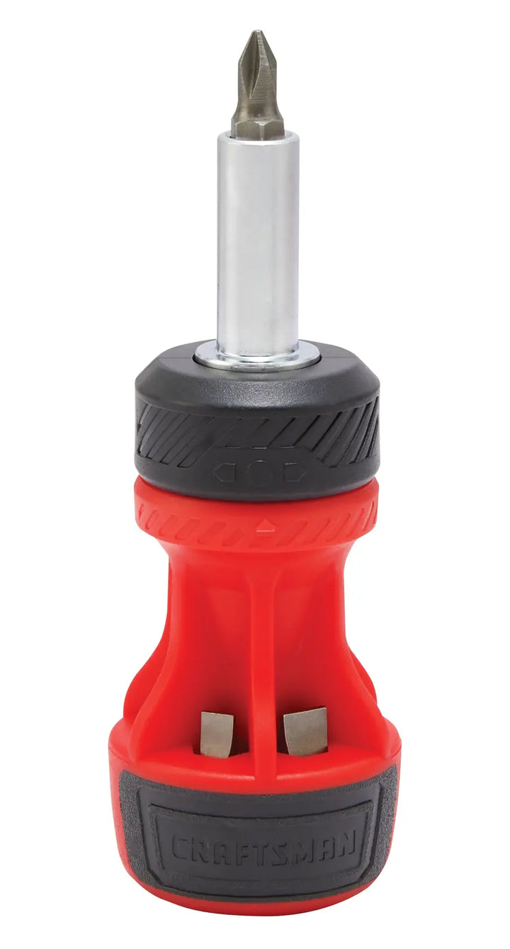 Photo of Craftsman CMHT68132 stubby ratcheting screwdriver with red and black handle, front angle.