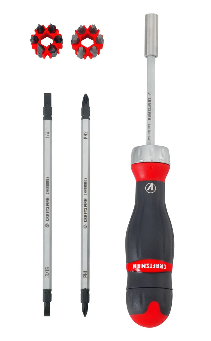 Photo of Craftsman multi-bit screwdriver set, SKU CMHT68142V, with two bit cartridges and three interchangeable shafts, front angle.