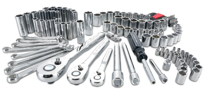 CRAFTSMAN CMMT12024 mechanic tool set with chrome wrenches, sockets, ratchets, and accessories, front angle on white.