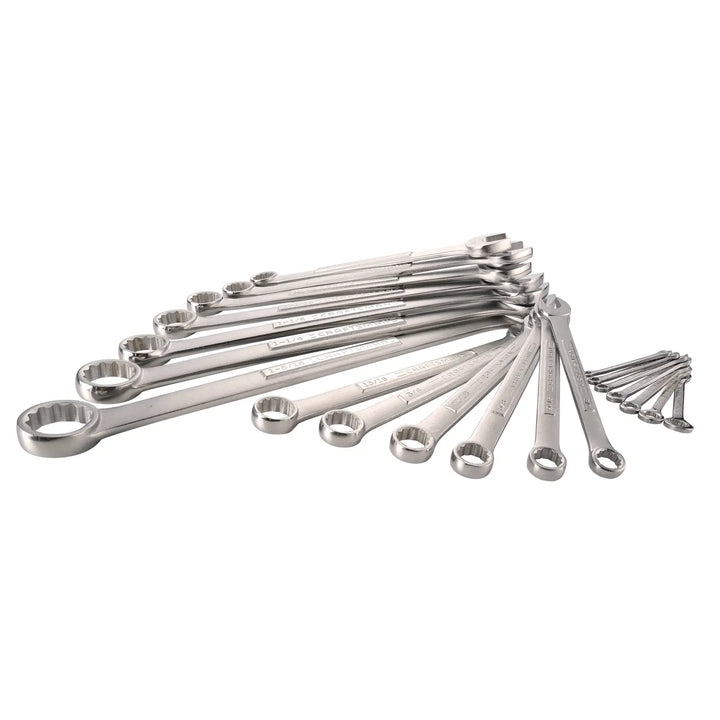 Photo of CRAFTSMAN CMMT12069 combination wrench set, multiple chrome wrenches fanned out on white background.