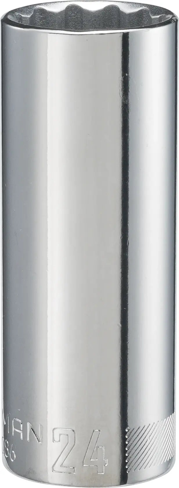 Photo of Craftsman CMMT12086 chrome 24mm deep socket, cylindrical shape, front angle, on white background.
