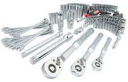 Craftsman chrome hand tool set with ratchets, sockets, wrenches, and screwdriver, CMMT12124L, angled view.