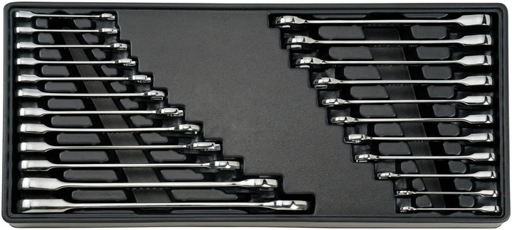 A set of metal combination wrenches arranged in a black plastic tray. The wrenches are organized by size in two angled rows, with each wrench resting in its own slot.