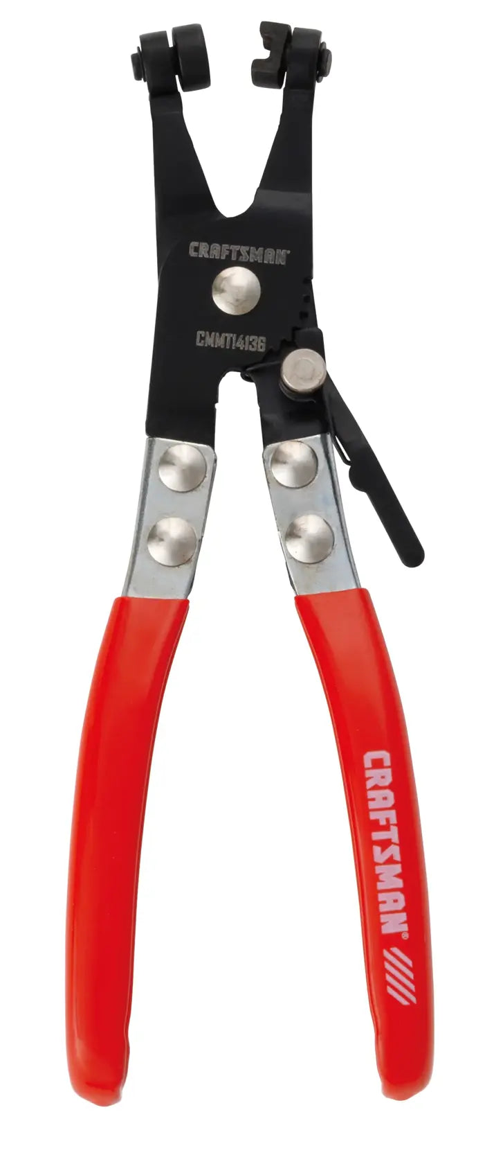 Craftsman snap ring pliers with red handles, front view, CMMT14136.