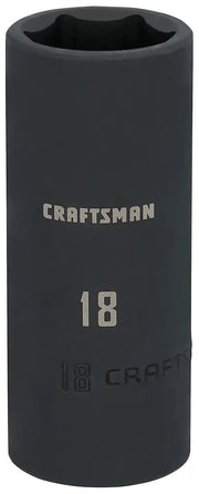 Photo of Craftsman deep impact socket, size 18 mm, model CMMT15907, black finish, upright on white background.
