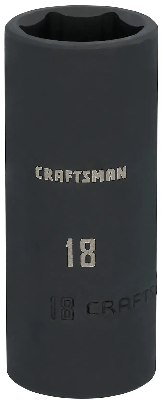 Photo of Craftsman deep impact socket, size 18 mm, model CMMT15907, black finish, upright on white background.