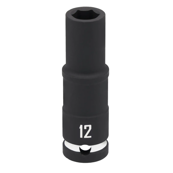 A black Craftsman deep impact socket with the number 12 printed on its side, used for turning nuts and bolts.