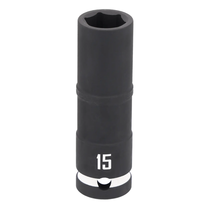 A black deep socket tool with the number 15 printed in white near the base. The tool is cylindrical and designed for use with a ratchet or socket wrench.