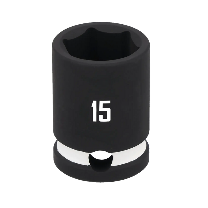 A close-up image of a black 15 millimeter socket, used for tightening or loosening bolts, with the number 15 printed in white on the side.