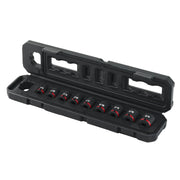 A black plastic case containing a set of socket wrenches, each labeled with its respective size in white text and a red band. The case is open to display the organized sockets.