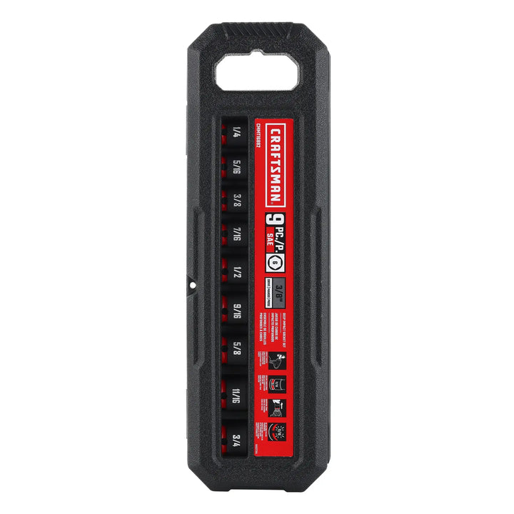 A black and red CRAFTSMAN branded socket set, featuring nine pieces of SAE sockets in a sturdy tray holder. Each socket size is labeled clearly on the case, ranging from 1/4 to 3/4 inch. The tray shows product information and icons indicating key features.