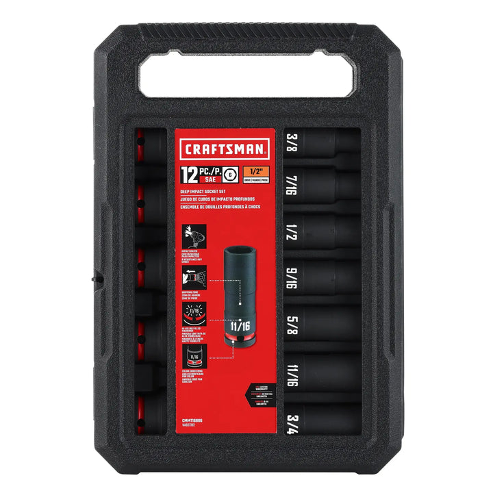 A CRAFTSMAN branded 12-piece deep impact socket set in a black hard plastic case. The set is labeled for 1/2 inch drive and includes sockets of various SAE sizes arranged neatly in the case. The product packaging features red, black and white colors and displays socket specifications.