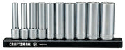 Photo of Craftsman chrome socket set, CMMT17315V, front angle on black rail holder.