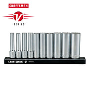 Photo of Craftsman chrome socket set CMMT17315V, V Series, front angle, on black holder, white background.