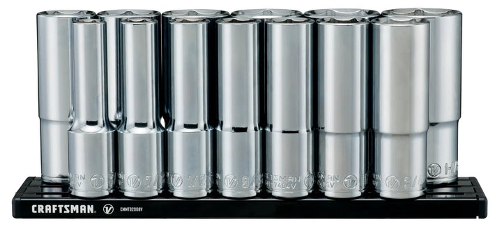 Front angle photo of Craftsman chrome socket set on black tray, SKU CMMT17395V.
