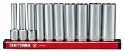 Photo of Craftsman chrome socket set on red holder, front angle, SKU CMMT17515V, tool accessory.