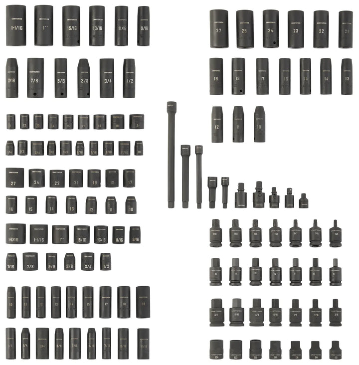 Photo of CRAFTSMAN CMMT17901 mechanic tool accessory set, featuring assorted black impact sockets, hex bits, and adapters on white background, top-down angle.