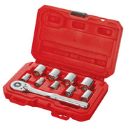 A red plastic case containing a ratchet wrench and a set of eight socket attachments. The sockets are made of shiny metal and are arranged neatly in the case, which is open.