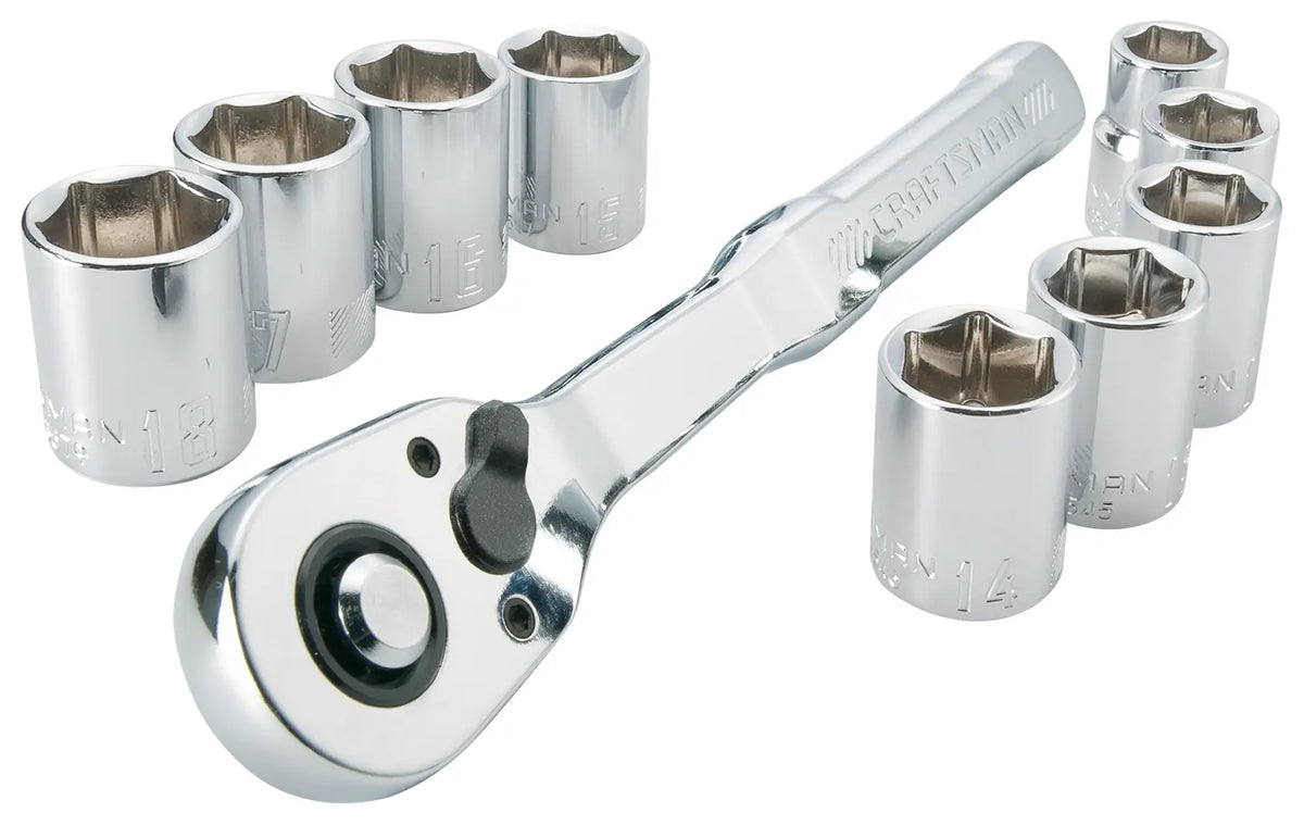 Photo of Craftsman CMMT34564 ratchet and socket set, chrome finish, tool category, front angle on white.
