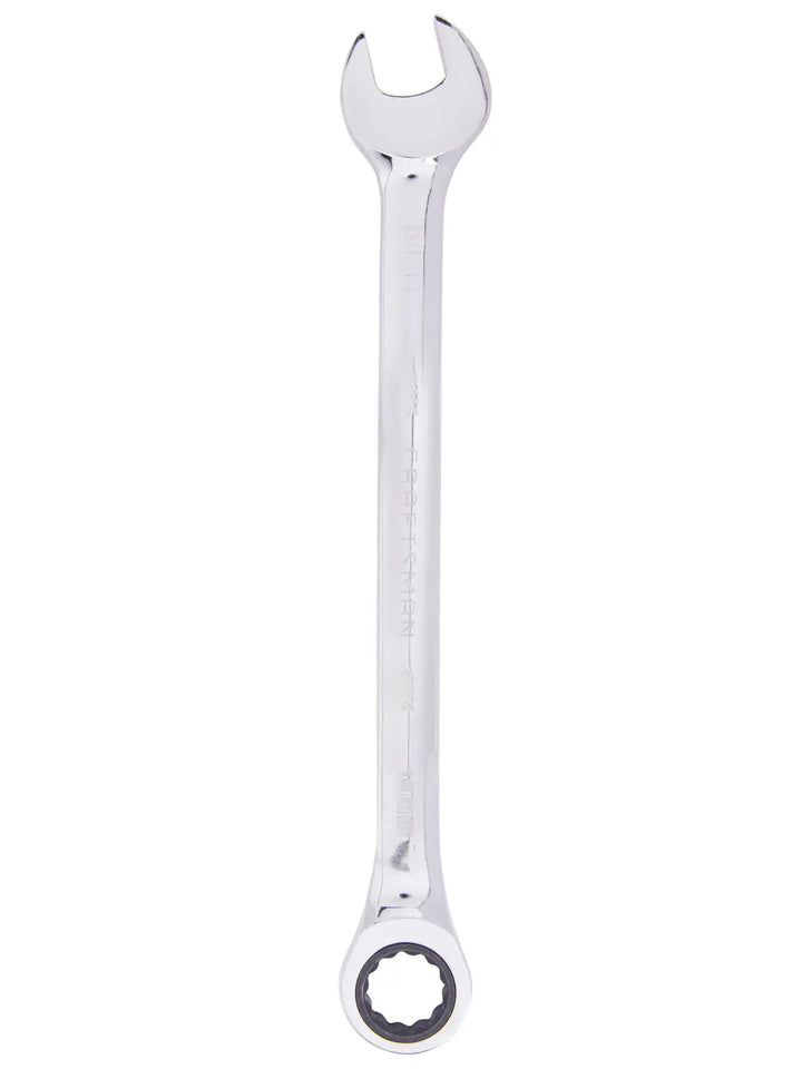 Craftsman CMMT39239 combination wrench, chrome finish, open-end and box-end, top view on white background.
