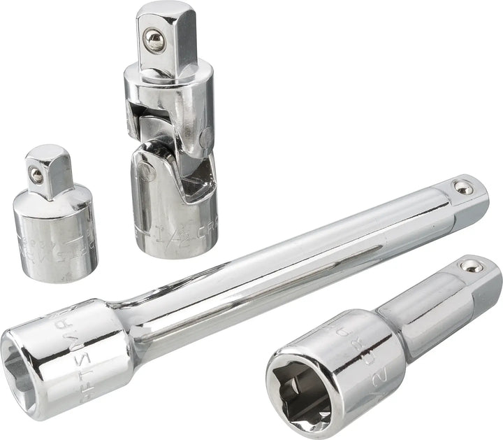 Photo of CRAFTSMAN CMMT42353 socket accessory set with chrome finish, includes extension bars, adapters, and universal joint.