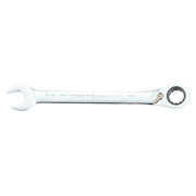 Photo of Craftsman CMMT42416 combination ratcheting wrench, silver finish, 9/16 inch, flat lay on white background.