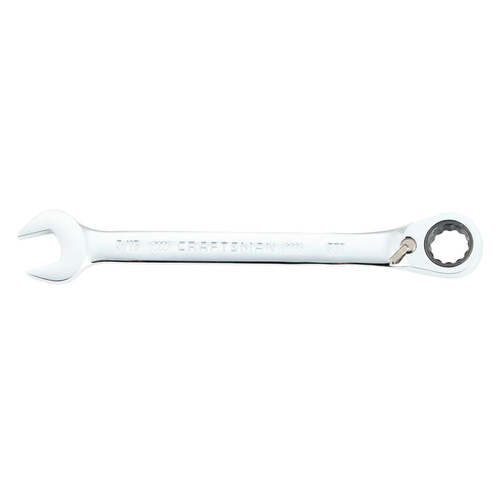 Photo of Craftsman CMMT42416 combination ratcheting wrench, silver finish, 9/16 inch, flat lay on white background.