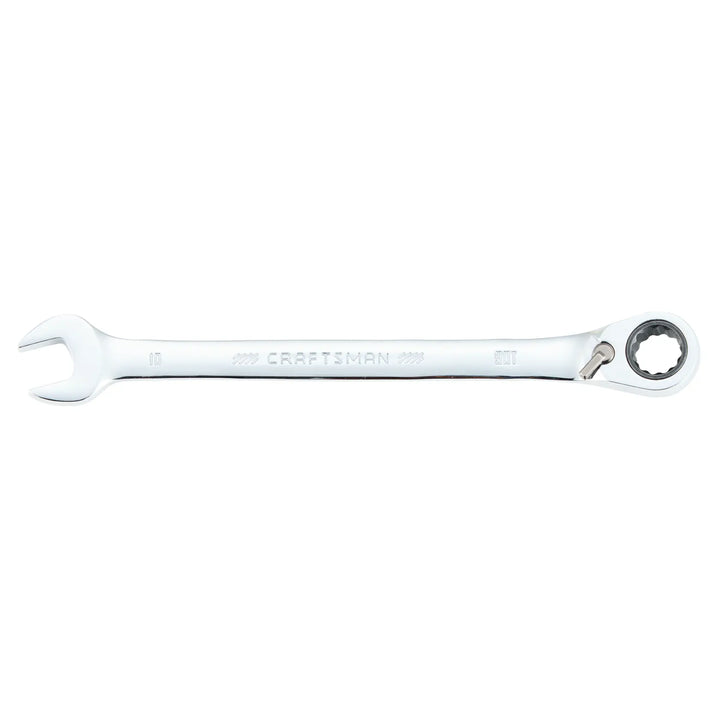 Craftsman CMMT42421 10mm ratcheting combination wrench, chrome finish, front angle, white background.