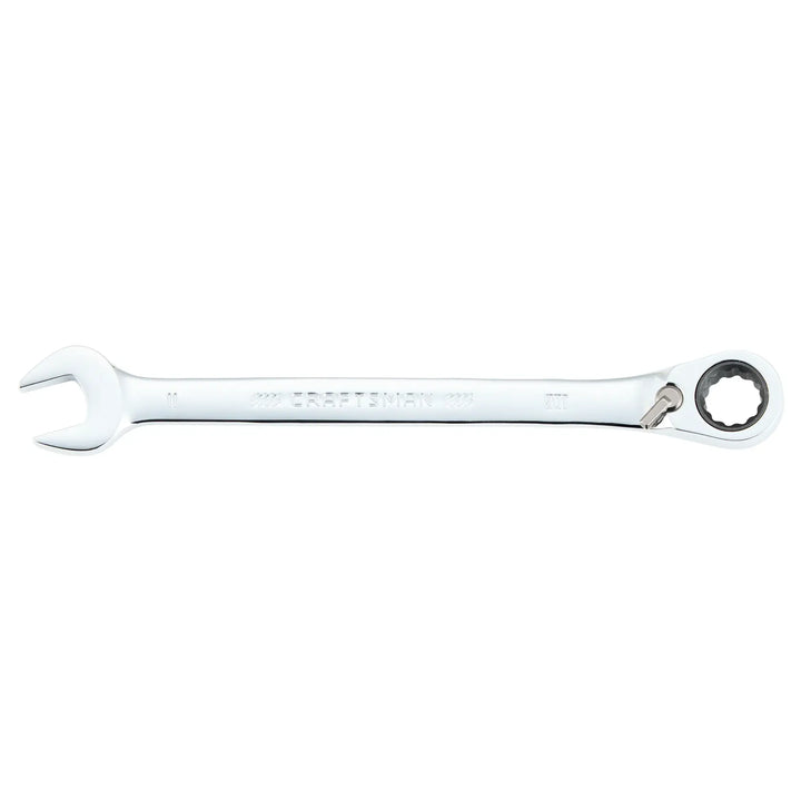 Photo of CRAFTSMAN CMMT42422 11mm ratcheting combination wrench, chrome finish, top angle on white background.