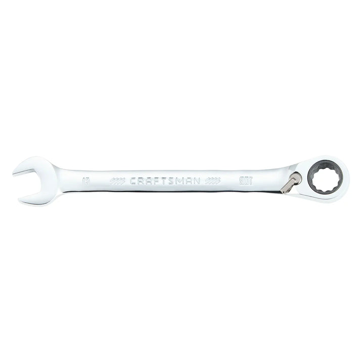 Photo of Craftsman CMMT42424 combination ratcheting wrench, 13mm, polished chrome, side view on white background.