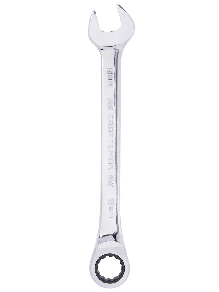 Photo of Craftsman CMMT42576 combination wrench, 18mm, chrome finish, front view on white background.