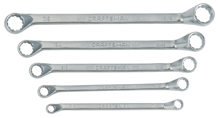 Photo of Craftsman CMMT44349 box end wrench set, five silver wrenches, top view, on white background.