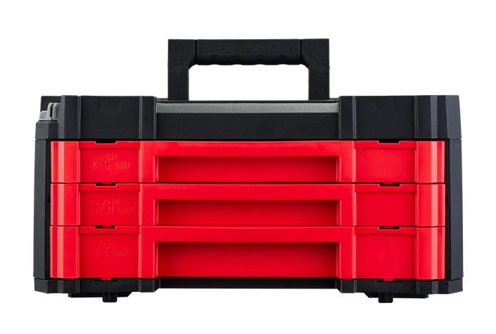 Craftsman modular red and black tool box with three drawers, front angle, CMMT45242.