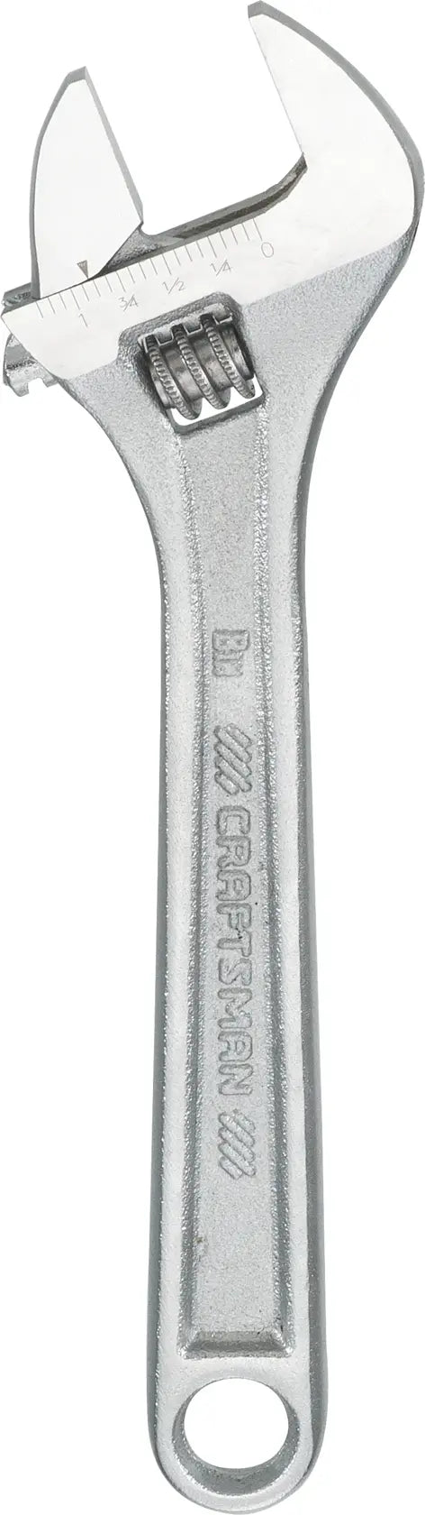 Photo of Craftsman adjustable wrench CMMT81622, silver metal, front angle on white background.