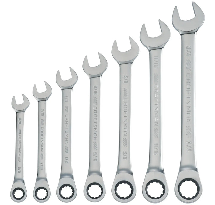 Photo of Craftsman CMMT87020 wrench set, 7 silver combination wrenches in various sizes, front angle, white background.